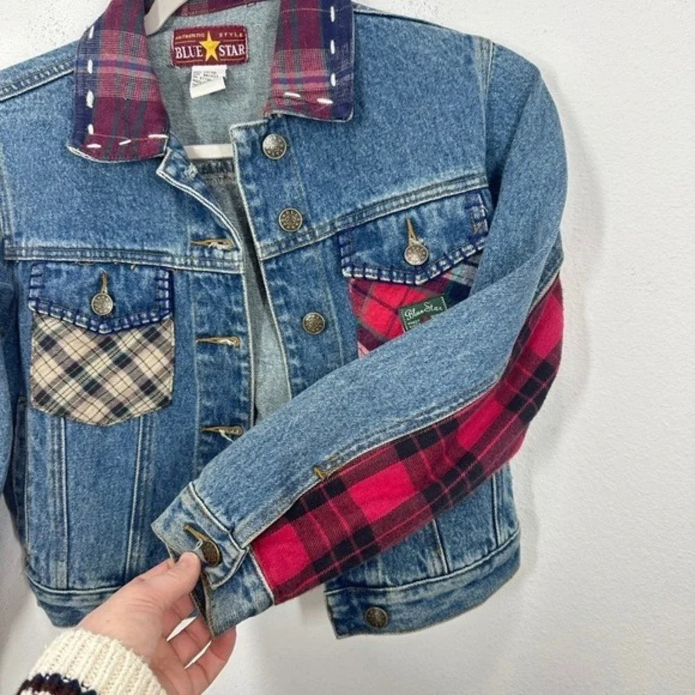 Blue Star Kids Denim Jacket Plaid Patchwork Embellished Collar Cuffs Size Medium